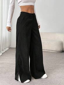 SHEIN Unity Quần ống đứng dài đến sàn rộng rãi, vải nhung kẻ xẻ hở, mặc mùa thu/đông, giúp thon gọn cho phụ nữ - màu đen - Xem 5