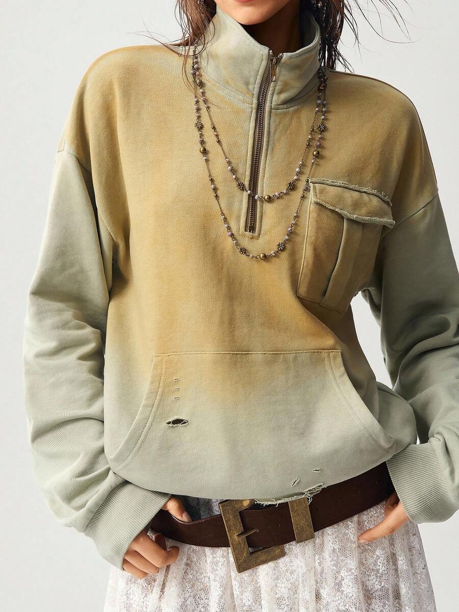 Bohemela Sudadera con media cremallera, cuello alto, manga larga, bolsillo, efecto desgastado y degradado en estilo BOHO casual para mujer, otoño/invierno - Verde - Ver 1