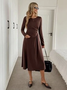 Easowa Vestido longo feminino, gola redonda, cintura marcada, assimétrico, franzido, com botões de metal, corte A, casual, relaxado, elegante, vintage, marrom café, outono/inverno