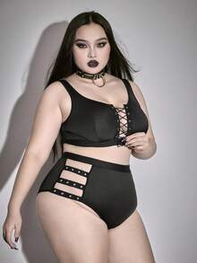 ROMWE Goth 加大码哥特式束身衣系带紧身胸衣短款上衣和丁字裤内衣套装 - 黑色 - 查看 4
