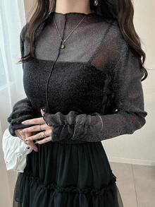 FRIFUL Women's Casual Slim Fit Mesh Sheer Layered High Neck Long Sleeve Blouse With Ruched Cuffs - Black - View 5