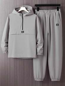SHEIN 2pcs Teenager Boys' Solid Color Hoodie Jacket & Pants Set,Streetwear,Summer,Graduation,Back-To-School,Casual Tracksuit,Versatile Jogging Sweatsuit - Grey - View 1