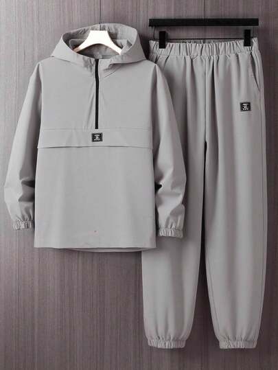 SHEIN 2 件青少年男童休闲街头风格纯色装饰拉链连帽夹克和裤子套装，适合通勤、上学、日常休闲、旅行、运动、派对，适合秋冬季