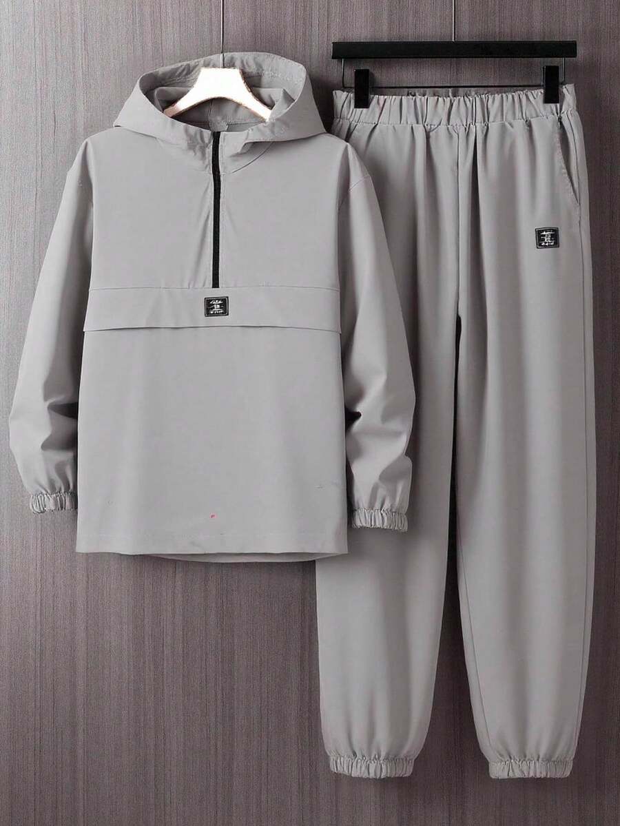 SHEIN 2pcs Teenager Boys' Solid Color Hoodie Jacket & Pants Set,Streetwear,Summer,Graduation,Back-To-School,Casual Tracksuit,Versatile Jogging Sweatsuit - Grey - View 1