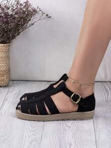 Sandalias tipo huarache de moda para dama con acabado suavizado tipo ante estilo casual, punta redonda, correa con hebilla, suela tipo trenzada, para uso diario y paseos - Negro - Ver 3