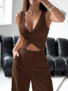 SHEIN EZwear 女士秋冬休闲棕色单排扣背心和裤子套装 - 棕色 - 查看 4