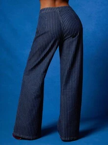 NYA SZN Jeans rectos de talle alto con raya de rayas, ajustados, de uso diario casual, para otoño, declaración, festival, carnaval - Azul lavado oscuro - Ver 2
