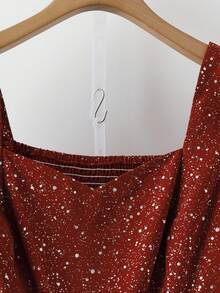 SHEIN Clasi 大码女式优雅X形方领长袖束腰A字褶皱银色和红色派对晚会长裙 - 紅色 - 查看 4