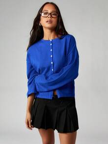 MISSGUIDED Relaxed Fit Button Front Cardigan Sweater Long Sleeve Knit Oversized Fall Winter Layering Essential - Blue - View 3