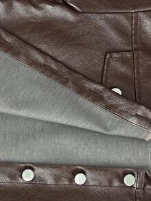SHEIN 秋冬青少年女孩休闲翻领口袋金属纽扣前 PU 短夹克 - 巧克力棕 - 查看 7