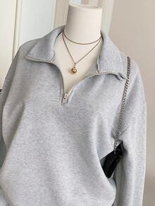 青少年女孩翻领半拉链落肩宽松羊毛衫 - 灰色 - 查看 5