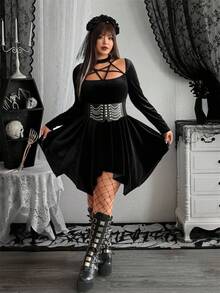 Whyspr Váy nhung đen có dây đeo cổ hình ngôi sao, viền bất đối xứng, váy dài tay cho lễ Halloween - màu đen - Xem 2