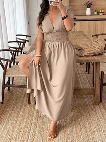 Weeklong Đầm thường ngày màu trơn cổ chữ V tay ngắn cỡ lớn, phù hợp cho mùa hè - Màu Khaki - Xem 3