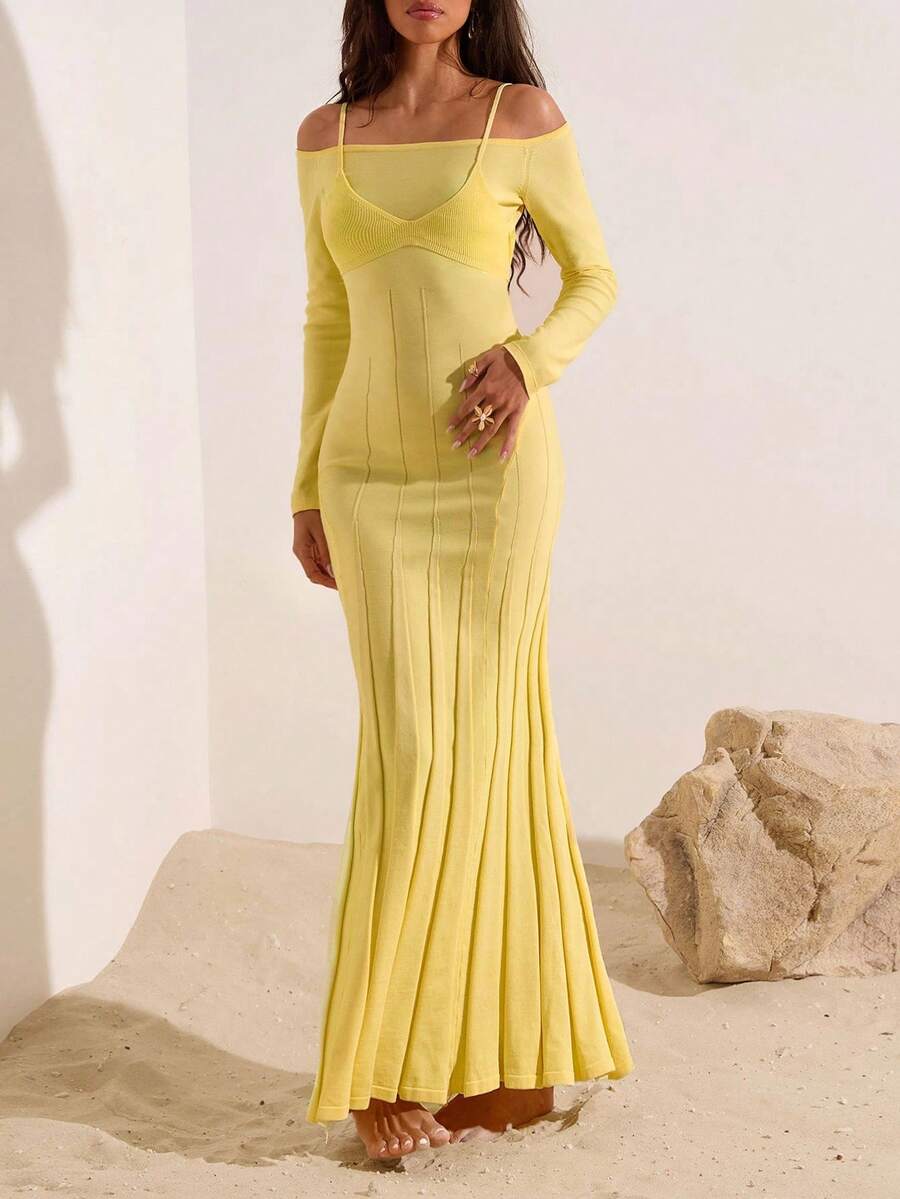 Opulessa Vestido de punto maxi de unicolor elegante con hombros descubiertos, tirantes finos y cola de pez para mujer en otoño/invierno - Amarillo - Ver 1