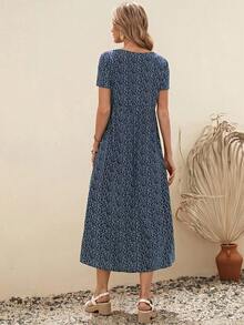 EMERY ROSE 女式夏季度假短袖休閒小花印花裙 - 藏蓝色 - 查看 2