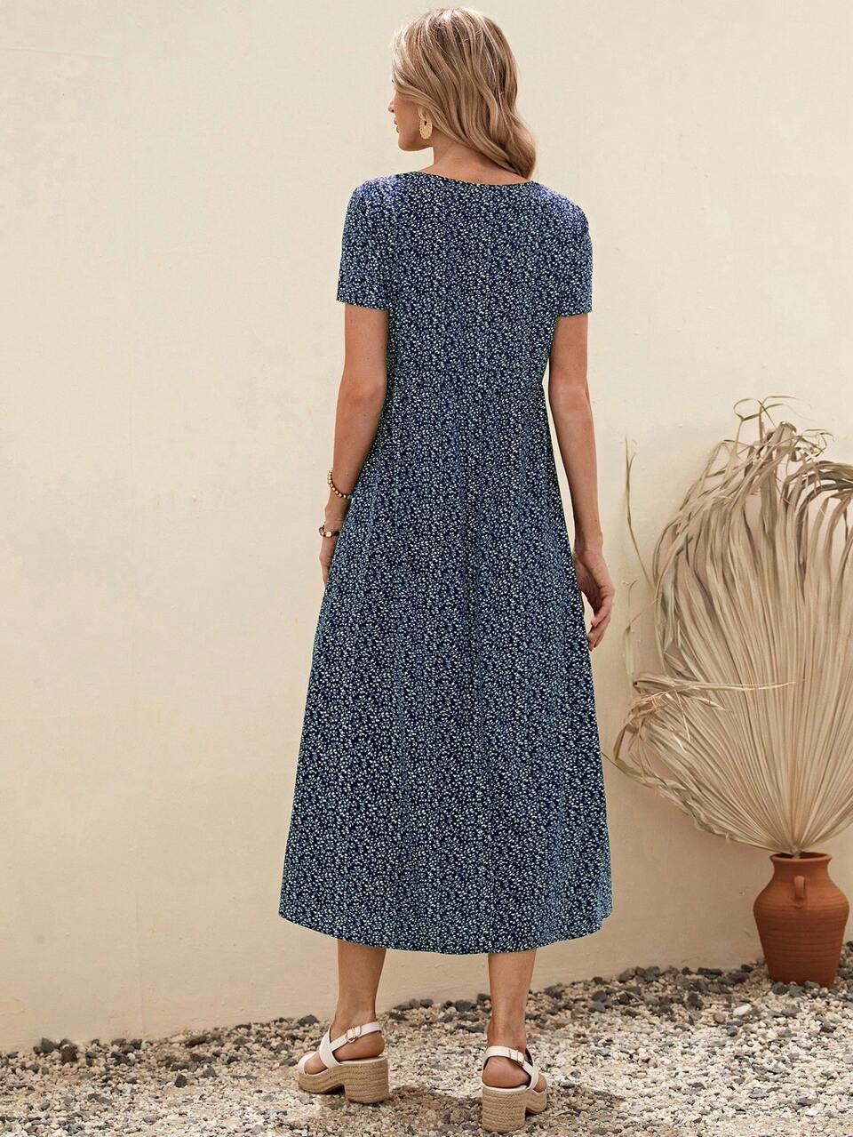 Women's Summer Holiday Casual Allover Print Short Sleeve Dress Beach Women Dresses