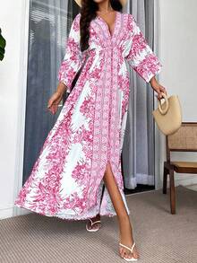 Breezaya 女士花卉印花蝙蝠袖腰带开衩长款度假休闲连衣裙超长度假海滩装 - 彩色 - 查看 1