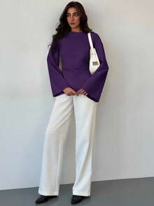 Aloruh Boat Neck Flared Sleeve Cropped Ruched Office Wear Women's Apricot Blouse - Purple - View 4