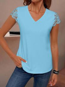 EMERY ROSE Women's Solid Color V-Neck Short Sleeve T-Shirt, Simple And Fashionable Suitable For Summer - Blue - View 6