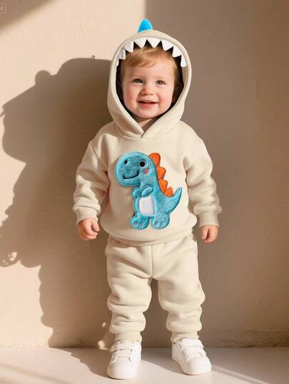 SHEIN Playful Pals Toddler Boys Cute 3D Embroidered Plush Little Dinosaur Hoodie T-Shirt & Long Pants 2-Piece Set Fall Winter