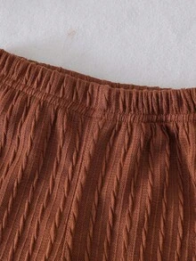 SHEIN Playful Pals 2件套春秋新款韩版时尚宝宝/女童针织提花拼布衬衫上衣+修身喇叭裤套装 - 咖啡棕 - 查看 8