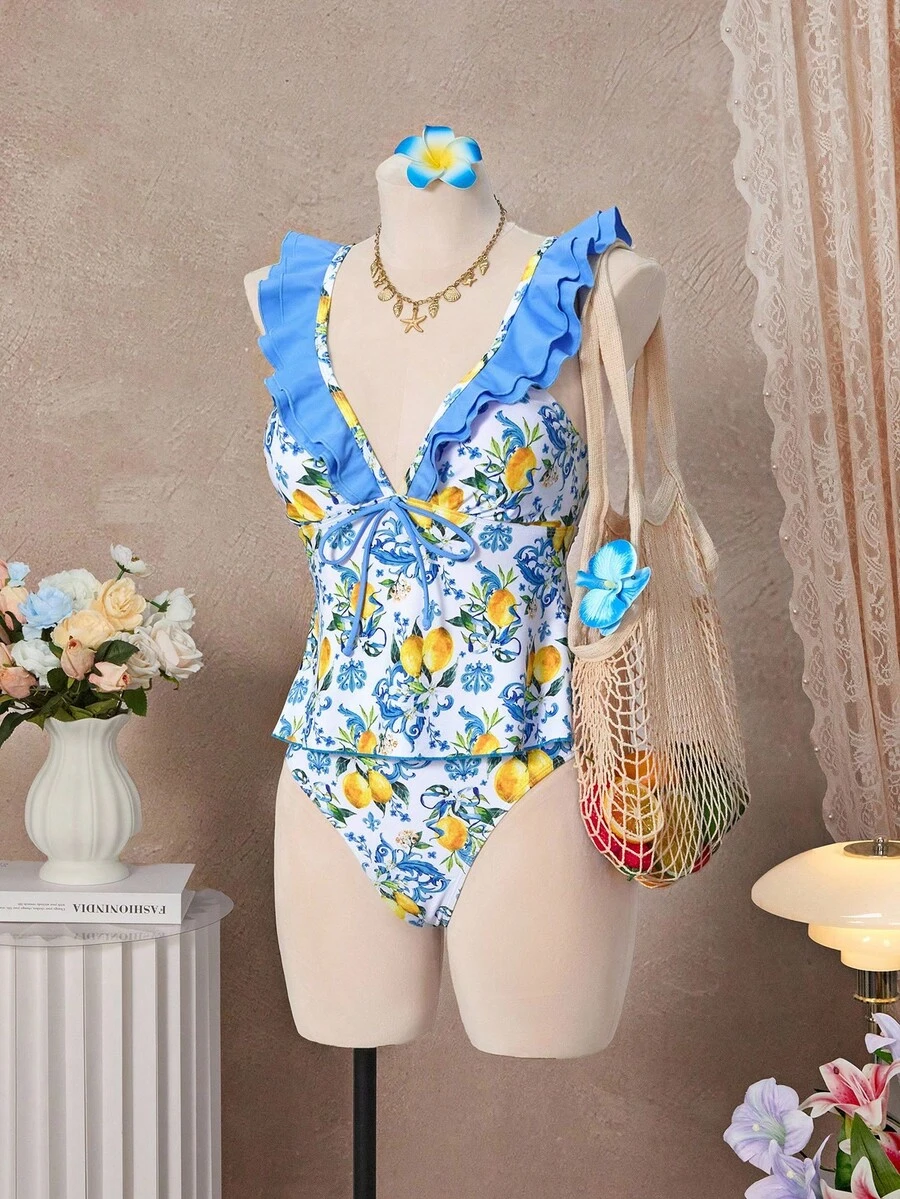 Bellisia 女式夏季海滩水果印花拼布荷叶边系带分体泳衣套装 - 彩色 - 查看 1
