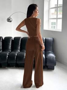 SHEIN EZwear 女士秋冬休闲棕色单排扣背心和裤子套装 - 棕色 - 查看 2