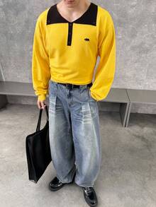 Manfinity VCAY Jersey de cuello falso de color contrastante casual para hombre, otoño e invierno - Amarillo - Ver 1