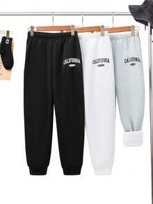 SHEIN 3 件套儿童/青少年男童休闲学院风字母印花宽松抽绳针织运动裤，3 种颜色 - 黑色 - 查看 5