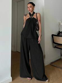 DAZY 2件套复古风格立领上衣和裤子，适合初夏