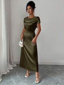 Rafferiza 女士优雅约会/通勤高领系带缎面短袖连衣裙 - 軍綠色 - 查看 3