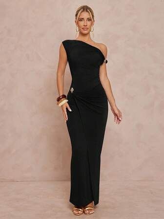 Lumalex Asymmetric Shoulder Cutout Metal Decor Waist Fitted Dress For Women ,Wedding Guest Dress Women