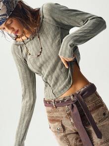 Bohemela Áo thun dệt kim cổ tròn tay dài màu trơn thường ngày dành cho nữ - xanh quân đội - Xem 3