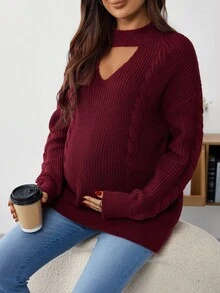 SHEIN 孕妇休闲扭纹V领落肩长袖毛衣，秋冬