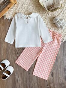 SHEIN Baby Mädchen Säugling Kleinkind Neugeborene 0-3 Jahre süßer Bär & Schleife Muster Langarm-Top + orange karierte weite Hose 2-teiliges Outfit Set, Herbst