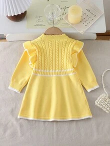 Baby Girls Ruffled Collar Twist Rope Knitted Long Sleeve Sweater Dress, Comfortable For Autumn/Winter, Apricot Color, Fashionable & Versatile For Daily, Home, Outdoor, Travel Fall - Yellow - View 2