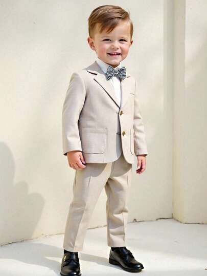 SHEIN Baby Boy Gentleman Outfit Set, White Shirt, Khaki Blazer, Elastic Waist Pants Set, Suitable For Birthday Party, Evening Party, Performance, Wedding, Baby Shower, 1st Birthday Celebration Gentleman Suit Long Sleeve Jacket Formal Suit With Bowknot Baby Boy Beige Suit Boys Wedding Outfit Boy Wedding Suit Formal Wear, In Fall/Winter