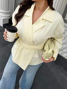 Easura Chemise grande taille pour femmes, couleur unie, ourlet asymétrique, épaules tombantes - Jaune clair - Voir 5