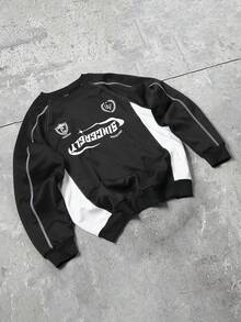 PAVTROS Manfinity Streetrush 男士撞色拼布字母印花套头衫，男士图形印花运动衫，男士长袖上衣，嘻哈复古上衣，秋季 - 彩色 - 查看 2