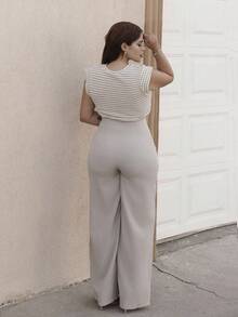 Lupita Cardoza Calças Texturizadas de Cintura Alta e Perna Larga Casuais e Elegantes para Voltar às Aulas e Trabalho - Damasco - Visão 2