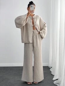 EURMUSE Casual Style, Premium Quality Linen, Keep Cool In Warm Weather, Effortless Weekend Outfit, Two Pieces Set, Tie Front Detailed Balloon Sleeve Top With Relaxed Pant - Beige - View 1
