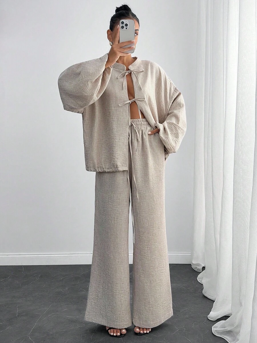 EURMUSE Casual Style, Premium Quality Linen, Keep Cool In Warm Weather, Effortless Weekend Outfit, Two Pieces Set, Tie Front Detailed Balloon Sleeve Top With Relaxed Pant - Beige - View 1