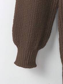 EMERY ROSE Plus Size Women Loose Casual Drop Shoulder Lantern Sleeve Knitted Cardigan, Black Jacquard Pattern, Mid-Length, Versatile Daily Wear - Mocha Brown - View 3