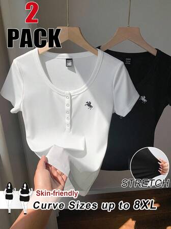 SHEIN CURVE+ 大码两件套女式T恤，黑白多色女式大码T恤/秋冬