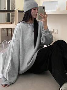 DAZY 女式宽松圆领运动衫，带罗纹装饰，长袖上衣，秋季服装 - 灰色 - 查看 4