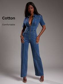 NYA SZN Denim Short Sleeve Jumpsuit Fitted Constrast Stitch Everyday Casual Teacher Concert Festival Business Casual Cotton Summer Statement Valentines Day Carnival Outfits For Women - Medium Wash - View 1