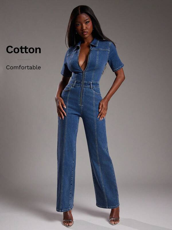 NYA SZN Denim Short Sleeve Jumpsuit Fitted Constrast Stitch Everyday Casual Teacher Concert Festival Business Casual Cotton Summer Thanksgiving Christmas NYE New Years Eve Outfits For Women