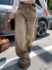 DAZY Women's Low-Waist Straight Leg Jeans, Casual Street Style City Wear Low Rise Jeans - Brown - View 4