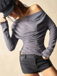 SHEIN BohoFeels Áo thun boho cổ thuyền tay dài màu trơn đơn giản dành cho nữ - Xám - Xem 5