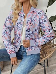 EMERY ROSE 女式花卉印花长袖拉链休闲棒球夹克，秋季 - 紫色 - 查看 4